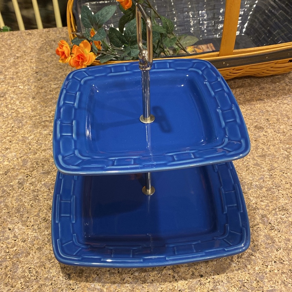 Longaberger Two Tier Dessert Serving Tray Woven Traditions Cornflower Pottery - Picture 12 of 17
